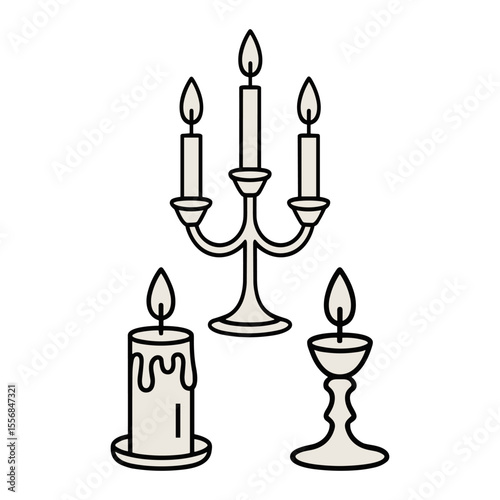 Elegant Set of Outline Candle and Candelabra Illustrations with Flames, Ideal for Ambiance, Celebration, and Decorative Themes