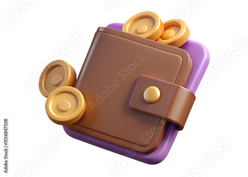 A stylized 3d illustration of a brown leather wallet filled with golden coins and resting on a purple surface symbolizing wealth and financial security