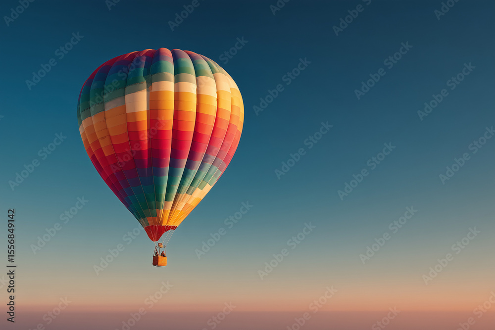 Fototapeta premium Colorful hot air balloon floating in a clear blue sky during sunrise, with wide open space