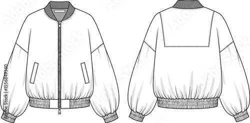 Bomber jacket technical sketch, fashion flat drawing, vector apparel template, front and back view, unisex outerwear design, CAD illustration for fashion designers