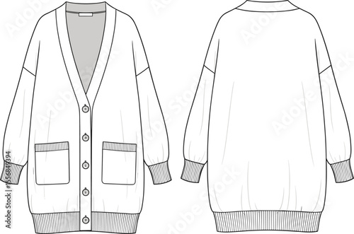 CAD cardigan sketch, oversized sweater design, button front knitwear, technical flat vector, cozy fashion drawing, long sleeve sweater, front and back view