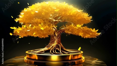 gold bonsai tree on dark background