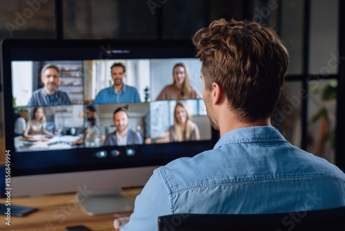 Businessman attending online meeting with coworkers, using video conferencing software on computer