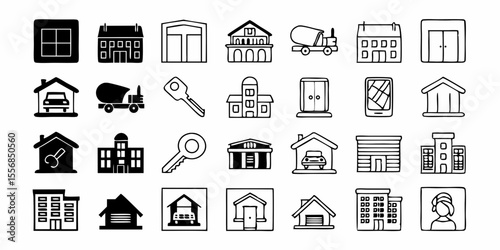 Real Estate Outline Vector Icon Collection. A set of outline icons related to property, buying, renting, house, mortgage, housing, rental of premise and more. Editable stroke. Vector illustration