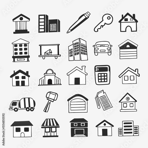 Real Estate Outline Vector Icon Collection. A set of outline icons related to property, buying, renting, mortgage, house, housing, rental of premise and more. Editable stroke. Vector illustration.