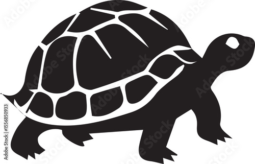 Monochrome Silhouette of a Turtle with Ornate Shell Design Calmly Walking Forward Representing Nature and Marine Life