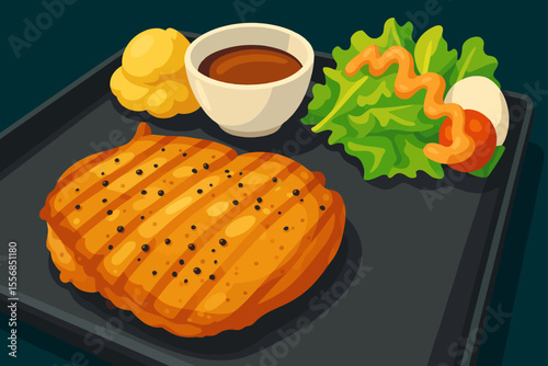 A digital illustration of a grilled chicken steak served on a black tray with sides. The dish includes a juicy, seasoned chicken steak with grill marks, a portion of mashed potatoes, a cup of brown gr