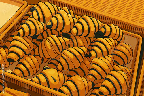 A digital illustration of multiple croissants arranged in a tray, resembling a bakery display. The croissants are golden brown with dark chocolate stripes, giving them a bee-like appearance. The image