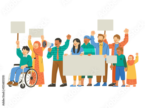 Diverse community protesters with multicultural crowd, including male speaker with megaphone, women in hijab, children, and disabled participant. Flat vector illustration isolated on white background