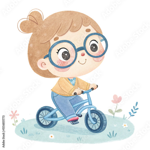 kid wearing glasses  riding a bike Clipart Watercolor 