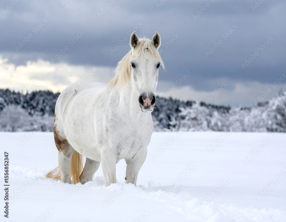 Obraz premium Majestic white horse in snowy landscape