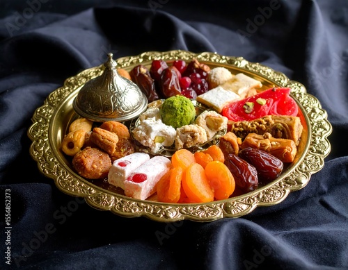 Fototapeta Naklejka Na Ścianę i Meble -  Assorted dried fruits and sweets on ornate tray