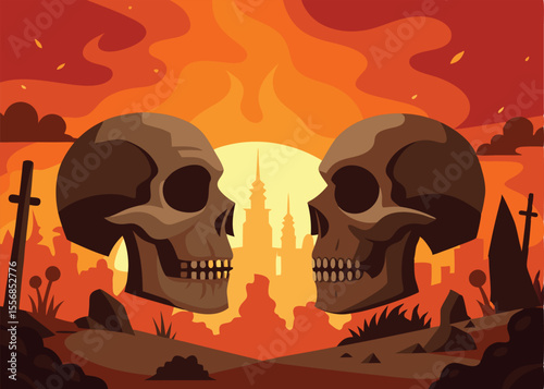 A stylized illustration of two large skulls facing each other against a backdrop of a fiery orange sunset over a barren, desolate landscape.