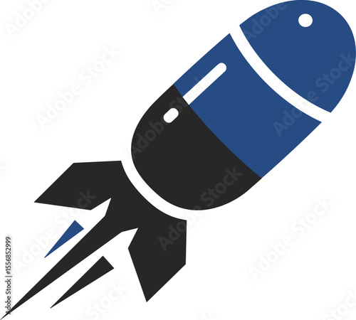 Rocket icon in blue and black color with trailing flames  