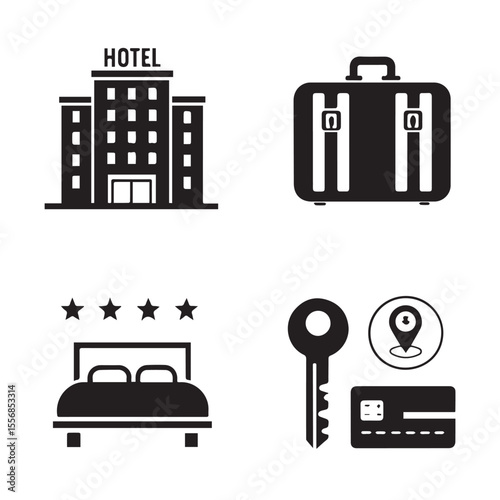 Accommodation and hotel icons set. Editable stroke icons for travel services, hospitality, amenities, vacation stays, resort facilities and more.