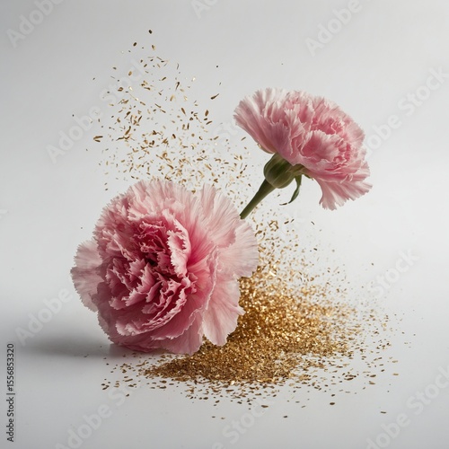 Falling pink carnation flower and gold glitter isolated on white
