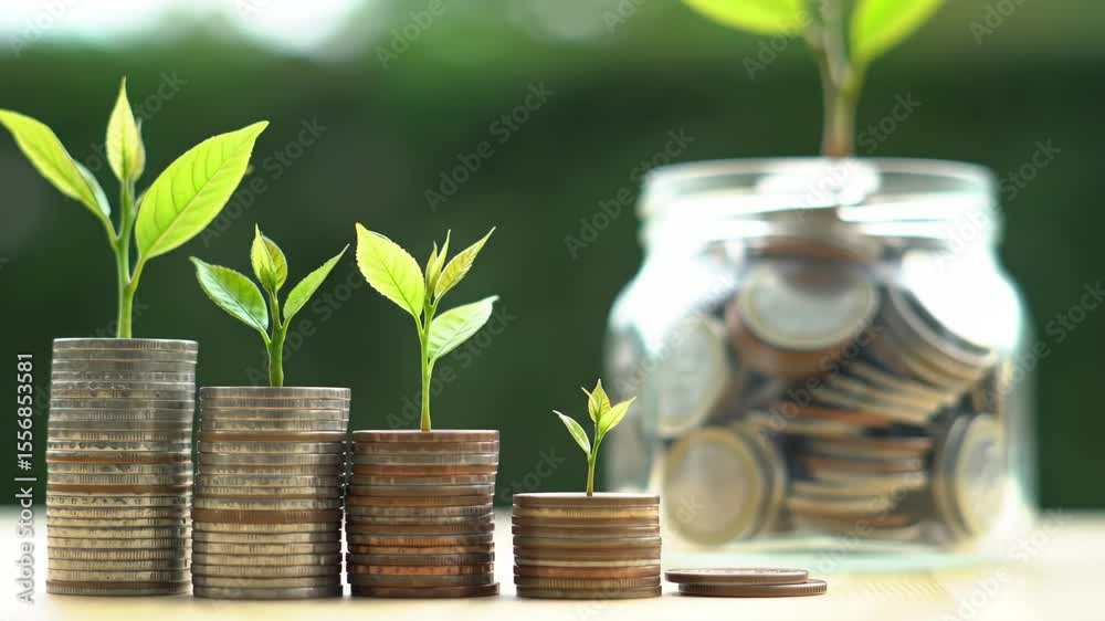 Growing plants atop coin stacks symbolize financial growth Coins in a jar suggest saving Lush greenery blurs behind showing financial investment opportunity