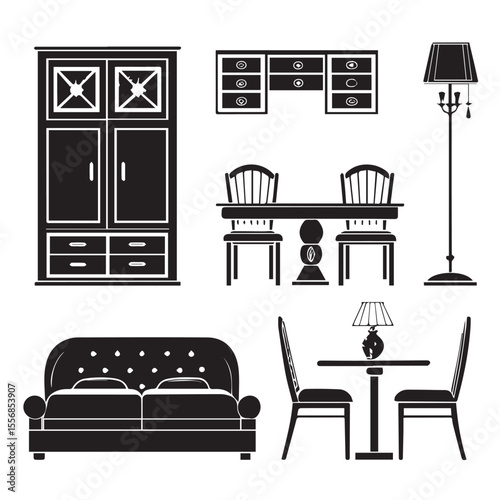 Home furniture icons set. renovation, decoration, home styling, architecture, chair, table, sofa, lamp, almirah and more.