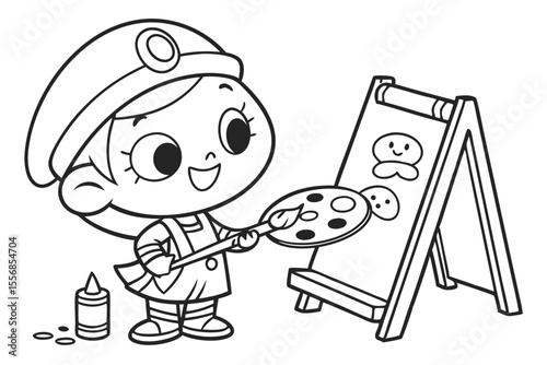 cartoon artist with brush for coloring book, coloring page, kids, back to school