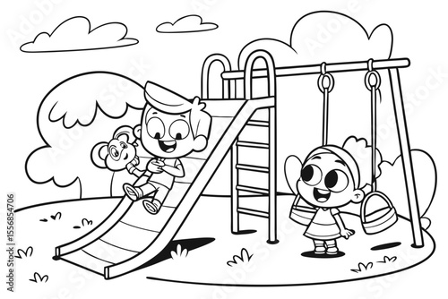 children playing on the playground for coloring book, coloring page, kids, back to school