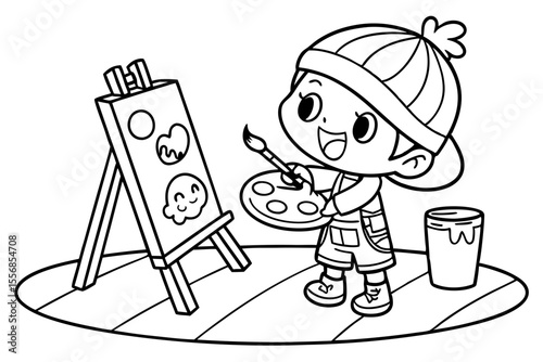 cartoon artist with brush for coloring book, coloring page, kids, back to school