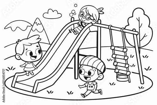 children playing on the playground for coloring book, coloring page, kids, back to school