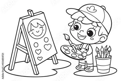 cartoon artist with brush for coloring book, coloring page, kids, back to school