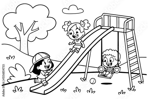 children playing on the playground for coloring book, coloring page, kids, back to school