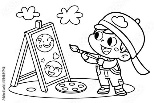 cartoon artist with brush for coloring book, coloring page, kids, back to school