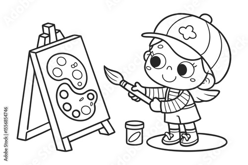 cartoon artist with brush for coloring book, coloring page, kids, back to school