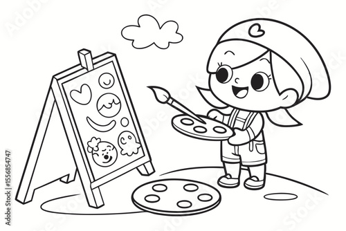 cartoon artist with brush for coloring book, coloring page, kids, back to school