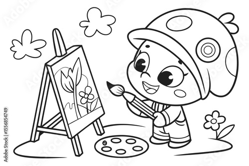 cartoon artist with brush for coloring book, coloring page, kids, back to school