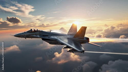 Fighter Jet Flying Through Bright Sky During Sunset With Contrails and Sun Flare