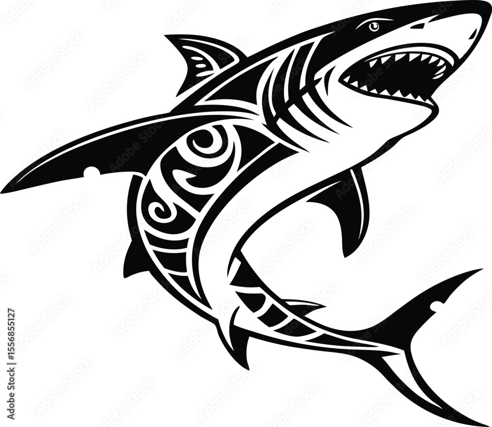 Fototapeta premium Vector art of stylized shark with tribal design isolated on white background