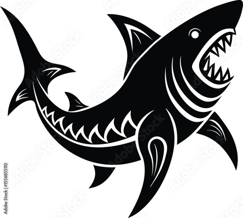 Vector art of aggressive shark with open jaws isolated on white background