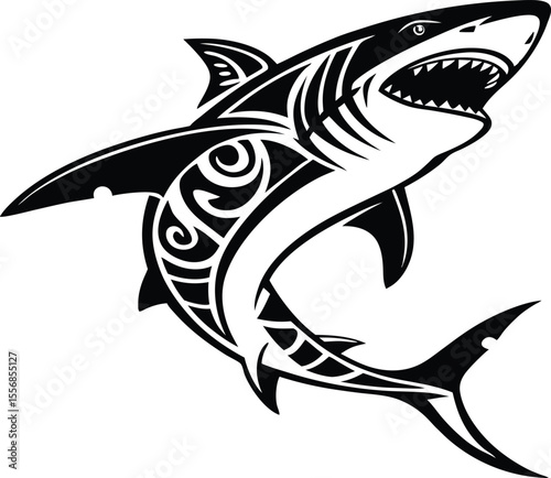 Vector art of stylized shark with tribal design isolated on white background