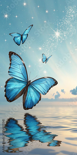 Three vibrant blue morpho butterflies fly over calm water reflecting their image under a starry sky