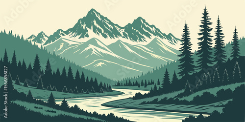 Bend Oregon Skyline Vector - Cascade Mountains & Deschutes River