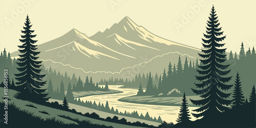 Pacific Northwest Bend Cityscape - Cascades & Deschutes River Vector