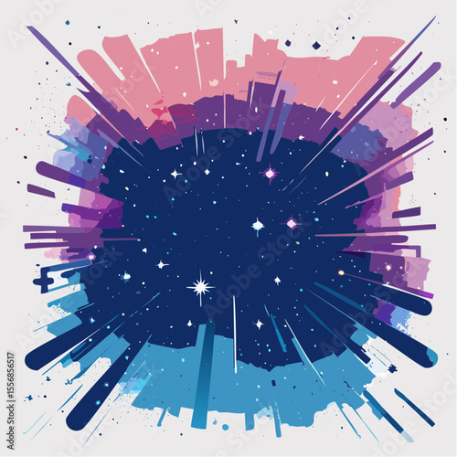 deep space-inspired blues and purples with vibrant paint splatters evoking cosmic energy and celestial mystery