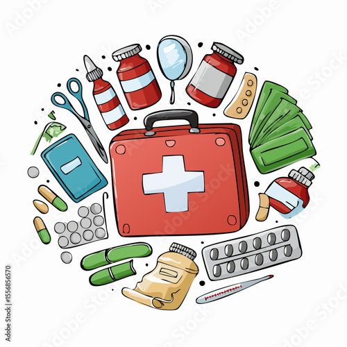 essential medical supplies and first aid kit items including prescription backups and emergency care tools

