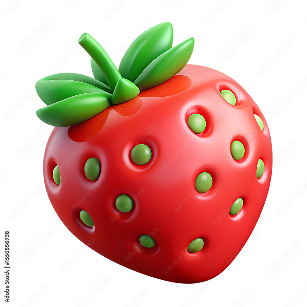 Obraz premium Adorable 3D Cartoon Strawberry, Red and Green, Sweet Fruit Illustration, Digital...