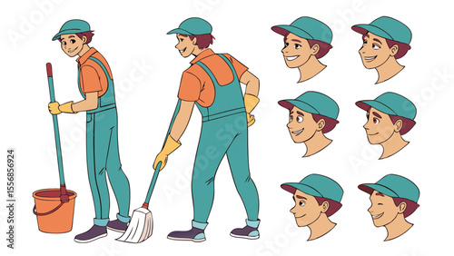 Vector art of cartoon janitor with mop and bucket isolated on white background