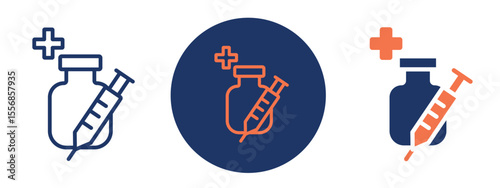 set of colored pixel perfect Dose icon 1 unexanded, 1 silhouette. Syringe and vial icon illustrating vaccine or medicine dose.