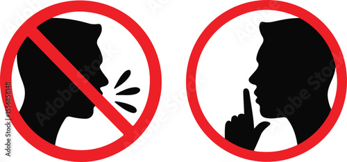 Keep quiet. silent please sign. Crossed person talking. Shhh icon in circle.