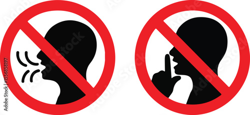 Keep quiet. silent please sign. Crossed person talking. Shhh icon in circle.