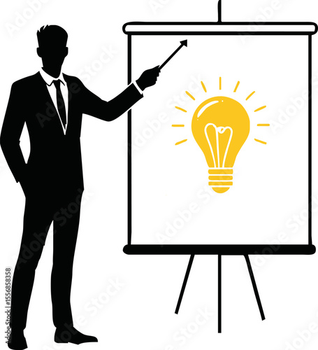 Entrepreneur presenting business idea silhouette style vector on white background