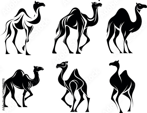 Black and White camel icon set– Minimalist Line Art Vector Illustration for Logo or Print Design