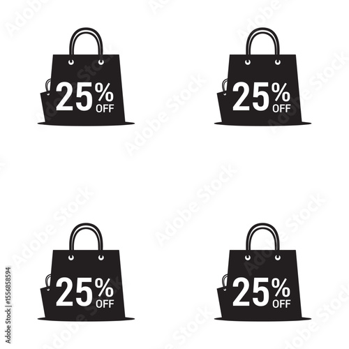 Four black shopping bags with 25 percent off sale signs isolated on white background silhouette vector illustration. 