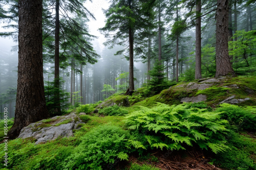 Fototapeta premium Fog surrounding mossy rocks and ferns growing in a green forest